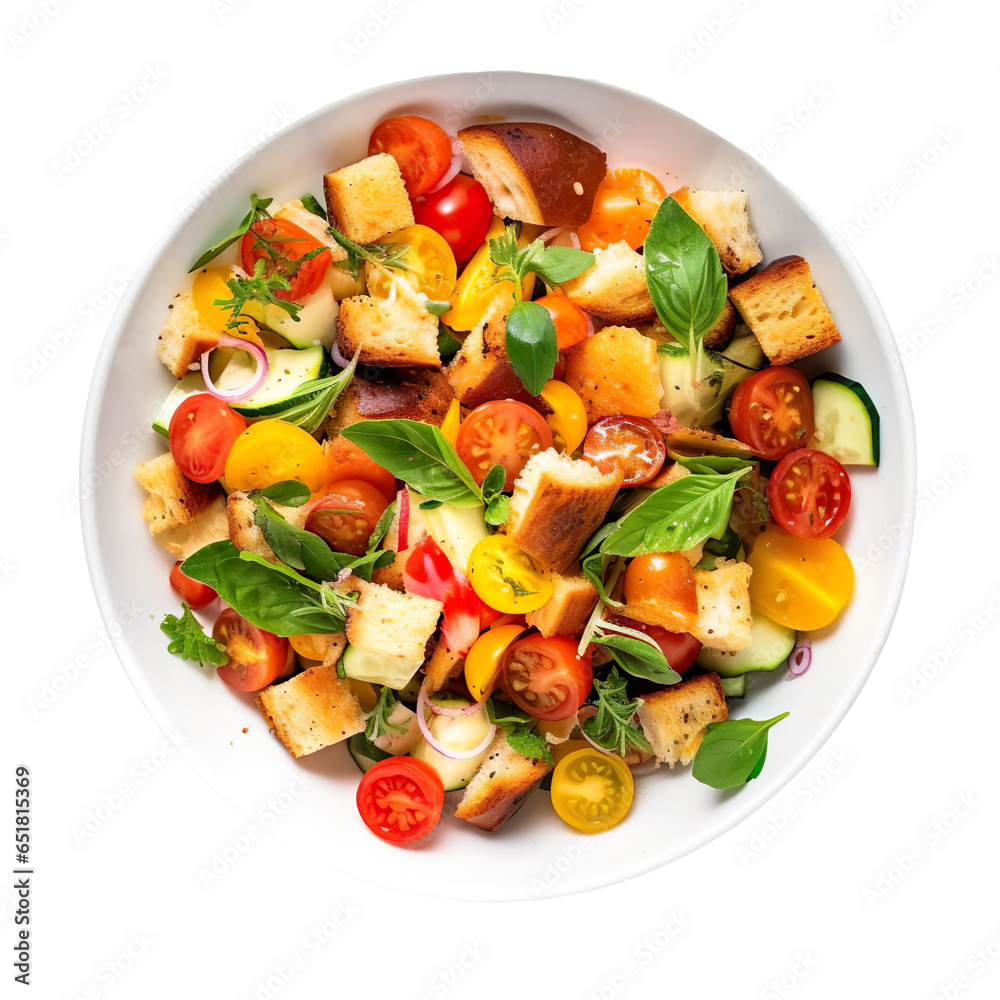 Top view of Italian food Panzanella Salad isolated on a white transparent background 