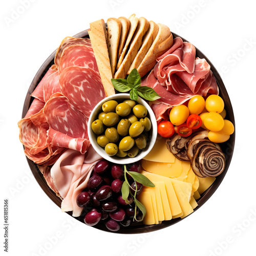Top view of Italian food Antipasto Platter isolated on a white transparent background 