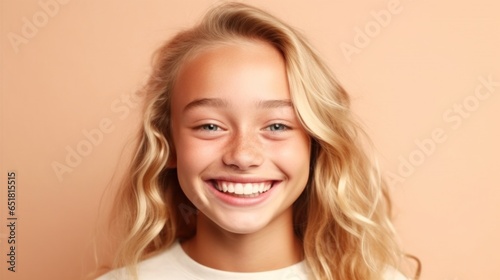 A radiant young teen girl beaming with happiness against a soft studio backdrop.