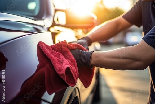 A car wash employee is cleaning a car with a microfiber cloth. Concepts about car detailing and car maintenance. photo