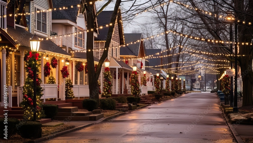 Street decorated for christmas with lights and garlands