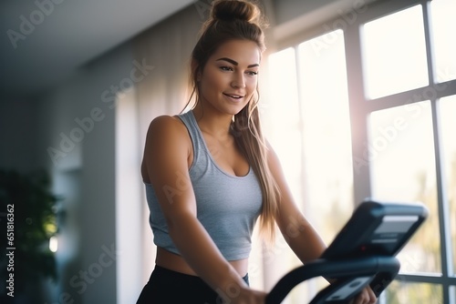 Young Caucasian blonde woman during workout on a smart exercise bike at home. A scientific approach to training for maximum performance.