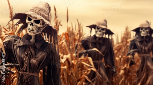 Halloween theme : Haunted cornfield with ominous scarecrows standing guard
