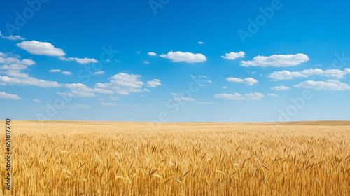 A golden wheat field stretching to the horizon under a clear blue sky, ready for harvest
