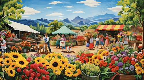 A joyful farmer's market scene, with colorful stalls brimming with fresh produce and flowers