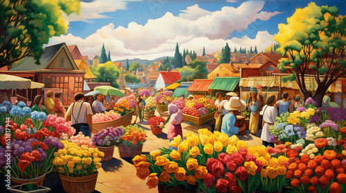 A joyful farmer's market scene, with colorful stalls brimming with fresh produce and flowers