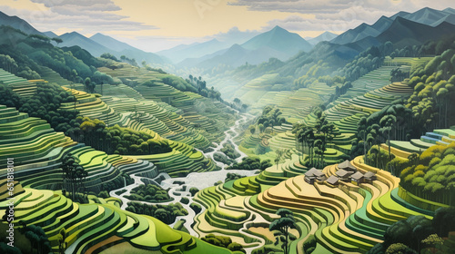 Fotografie, Obraz A serene landscape featuring terraced rice paddies cascading down a mountainside