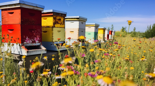 A cluster of beehives nestled in a wildflower meadow, with bees buzzing among the blooms