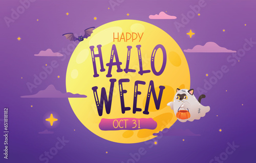 Ghostly Halloween Poster with Bats and Cat Under Full Moon  Vector  Illustration