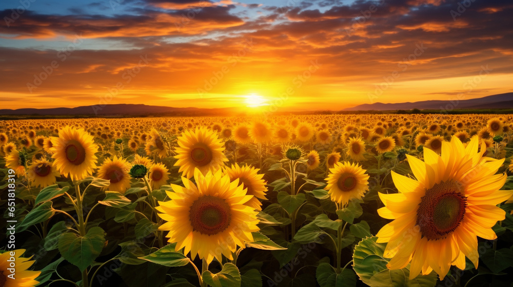 A sweeping vista of a sunflower field at sunrise, with the golden blooms stretching to meet the sky