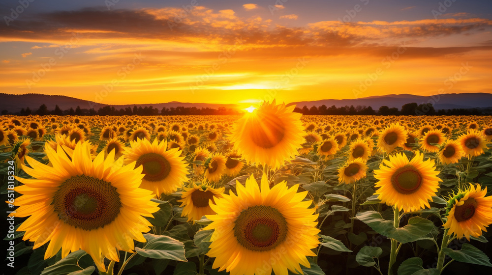 Fototapeta premium A sweeping vista of a sunflower field at sunrise, with the golden blooms stretching to meet the sky