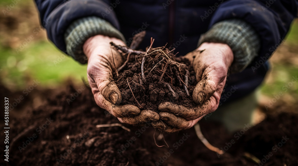 A close-up of a farmer examining a handful of rich, dark soil, filled with earthworms and organic matter