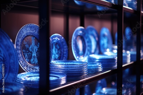 A set of blue glass plates on display in the store
