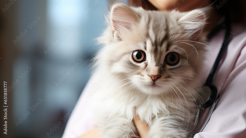 doctor is holding a cute white cat on hands at vet clinic and smiling doctor is holding a cute white cat on hands at vet clinic and smiling