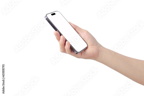 Hand holding mobile phone with blank screen on white background. Isolated.