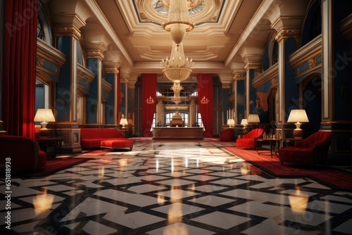 The interior of the red hall of a luxurious spacious hotel