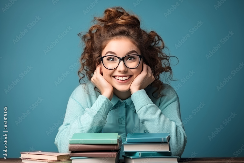 Smiling student in glasses sitting at table with books over blue background and looking at camera Smiling student in glasses sitting at table with books over blue background and looking at camera