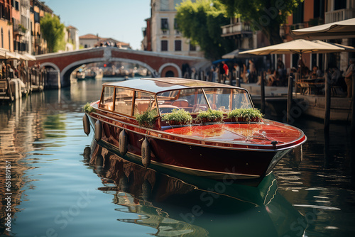 Ai generation A charming Venetian water taxi navigating the narrow photo
