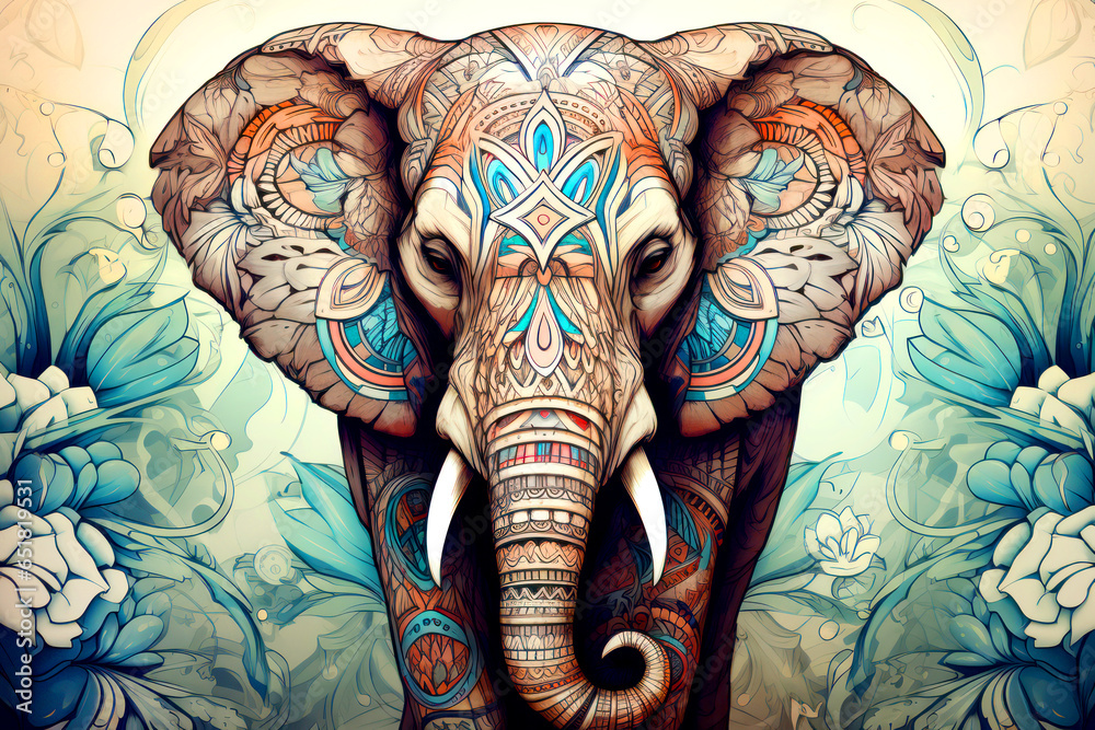 A painted elephant in flower blossom atmosphere
