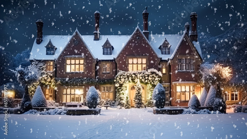 Christmas in the countryside manor, English country house mansion decorated for holidays on a snowy winter evening with snow and holiday lights, Merry Christmas and Happy Holidays
