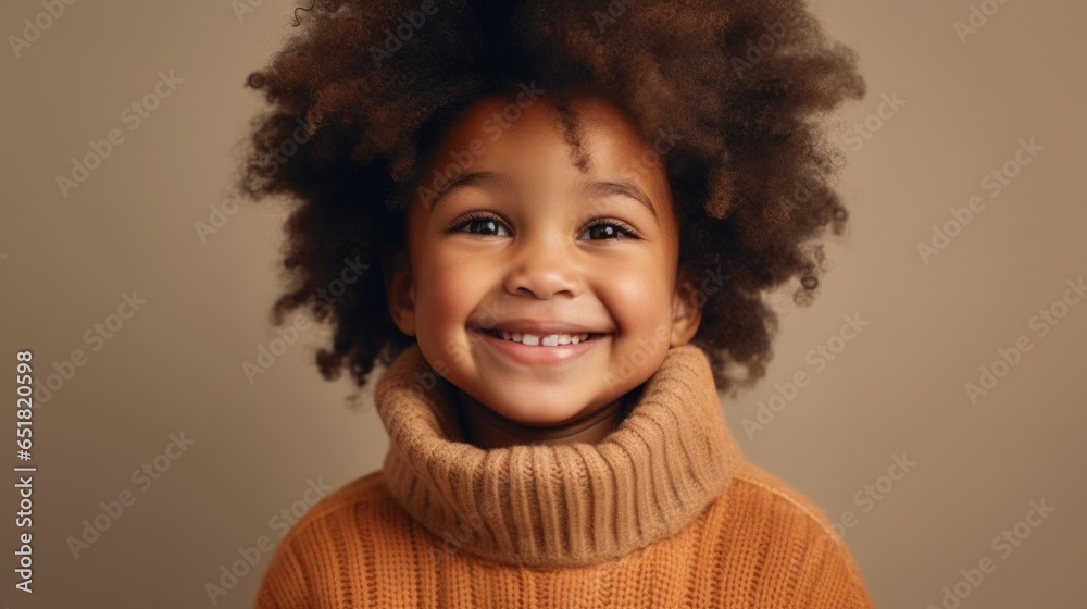 A captivating afro-clad girl displaying a bright smile in front of a light beige studio canvas. A captivating afro-clad girl displaying a bright smile in front of a light beige studio canvas.