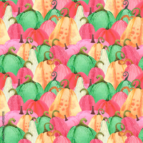 Hand drawn watercolor autumn pumpkin field seamless pattern isolated on black background. Can be used for textile, Scrapbook, fabric and other printed products.