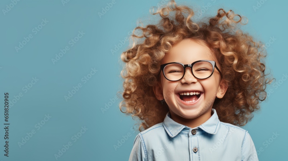 The 5 year old girl with curly blonde hair is happy with her new glasses. Isolated on studio background