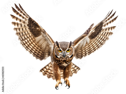 flying horned owl front view on isolated background
