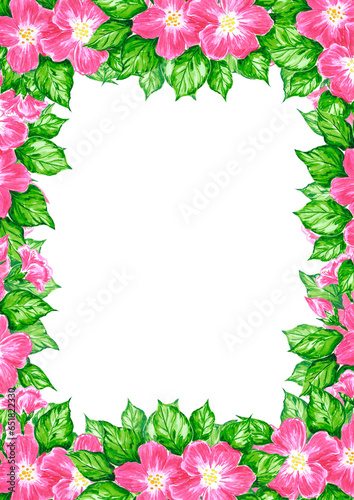 Hand drawn watercolor pink apple blossom frame boarder isolated on white background. Can be used for invitation, postcard, poster, book decoration and other printed products. © Aleksandra Shvetsova