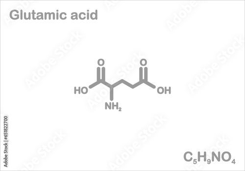 Glutamic acid. Simplified structural formula. Use as flavor enhancer.
