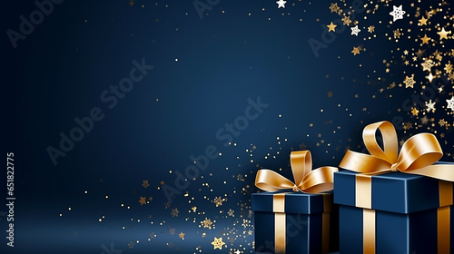 Image of shiny presents on navy blue background.. photo