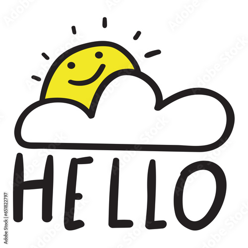 Smiling sun. Phrase - Hello. Vector graphic design. Speech bubble. Illustration on white background.