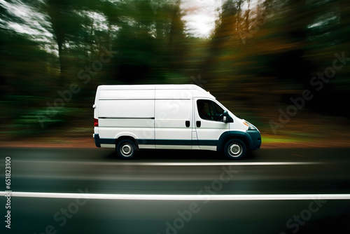 fast-moving white delivery van on the road