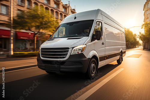 fast-moving white delivery van on the road mock up © fadi