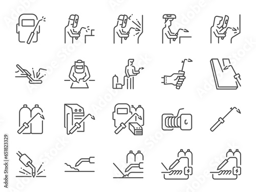 Welding icon set. It included wire, gas welding, welder, metalworking, manufacturing, and more icons. Editable Vector Stroke.