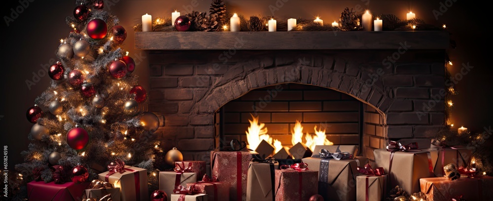 Decorated xmas table with Merry Christmas gifts in cozy Santa home interior, banner. Happy New Year presents boxes in workshop late in night with lights on xmas tree, holiday eve background. Decorated xmas table with Merry Christmas gifts in cozy Santa home interior, banner. Happy New Year presents boxes in workshop late in night with lights on xmas tree, holiday eve background.