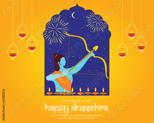 Lord Rama with bow and killing Ravana in Dusshera Celebration Greeting card of Vijayadashami.