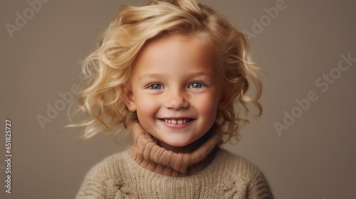 A blond boy smiles against a light beige background.