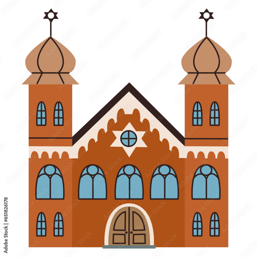 Isolated religious synagogue with two towers and jewish star. Spiritual architecture collection. Flat vector illustration on white background.