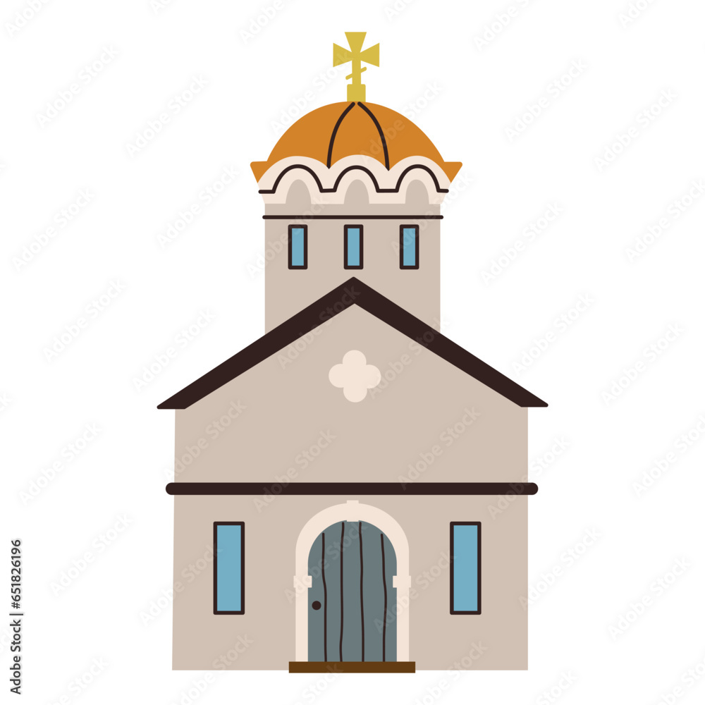 Isolated religious white orthodox church with gold cross. Spiritual architecture collection. Flat vector illustration on white background.