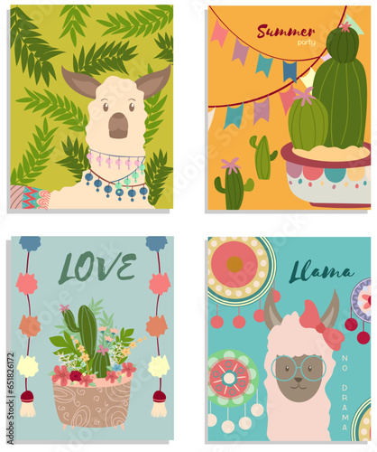 Bundle of Llama cards. cute alpaca  llama no drama summer concept. with isolated vector