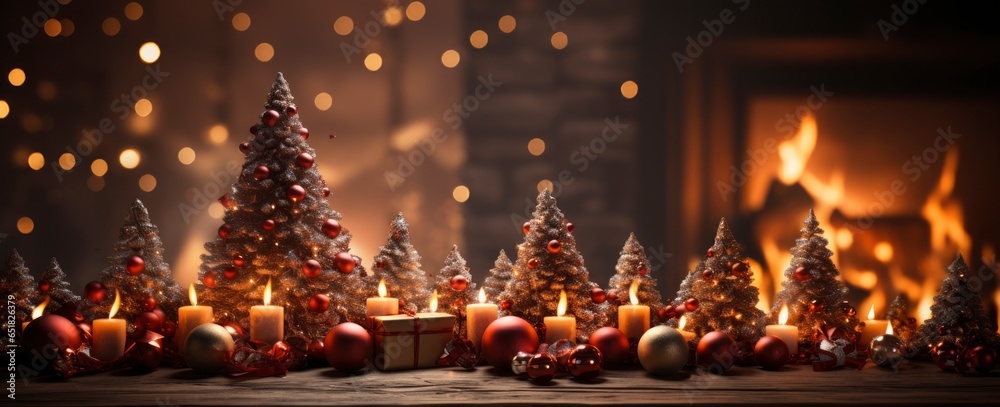 Fototapeta premium Decorated xmas table with Merry Christmas gifts in cozy Santa home interior, banner. Happy New Year presents boxes in workshop late in night with lights on xmas tree, holiday eve background.
