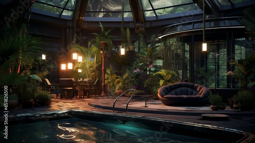Exotic futuristic style greenhouse spa in art deco design interior at a luxury hotel © Nordiah