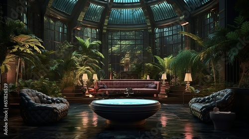 Glowing pools in exotic futuristic style greenhouse spa in art deco design interior at a luxury hotel