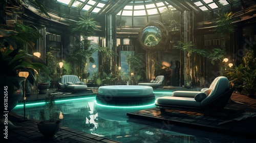 Glowing pools in exotic futuristic style greenhouse spa in art deco design interior at a luxury hotel