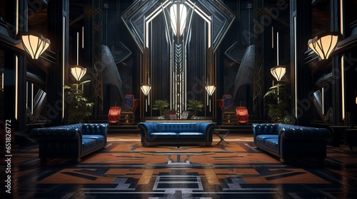 Dark throne room style art deco mansion hall in exotic luxury hotel interior