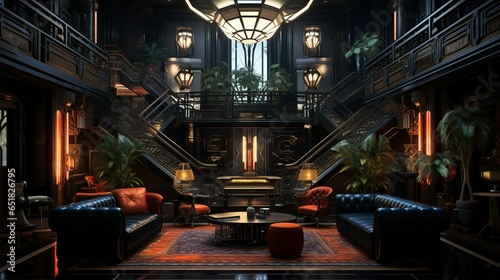 Art deco style luxury mansion hall interior with a tibetian touch and view to the snowy mountains