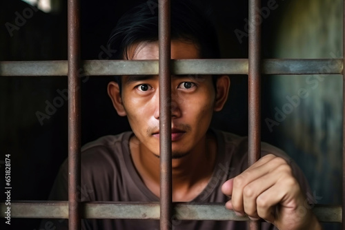 An Asian prisoner in a cell behind bars. Young man in prison. Despair, sadness and loneliness of the person who committed the crime.