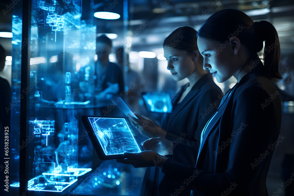 Side profile of woman in tech server room with tablet displaying white ...