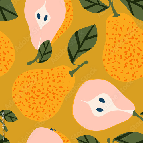 Juicy yellow pears. Summer tropical vibe with fruits creates a seamless pattern for modern fabrics and textiles. 